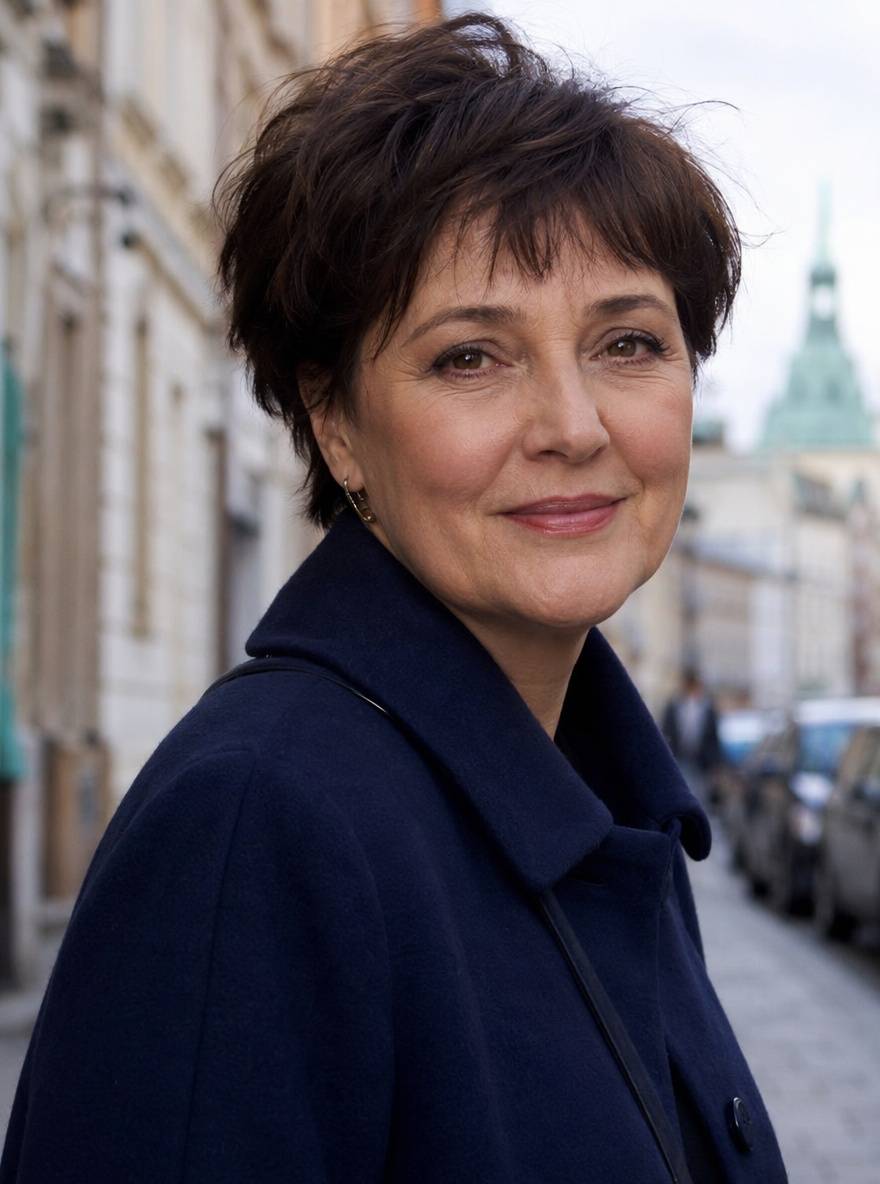 Fryzura garson dla dojrzałych pań na ciemnobrązowych włosach na tle miasta