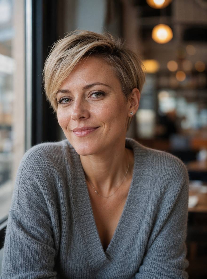 Półkrótka fryzura garson z grzywką na bok w kolorze blond w kawiarni