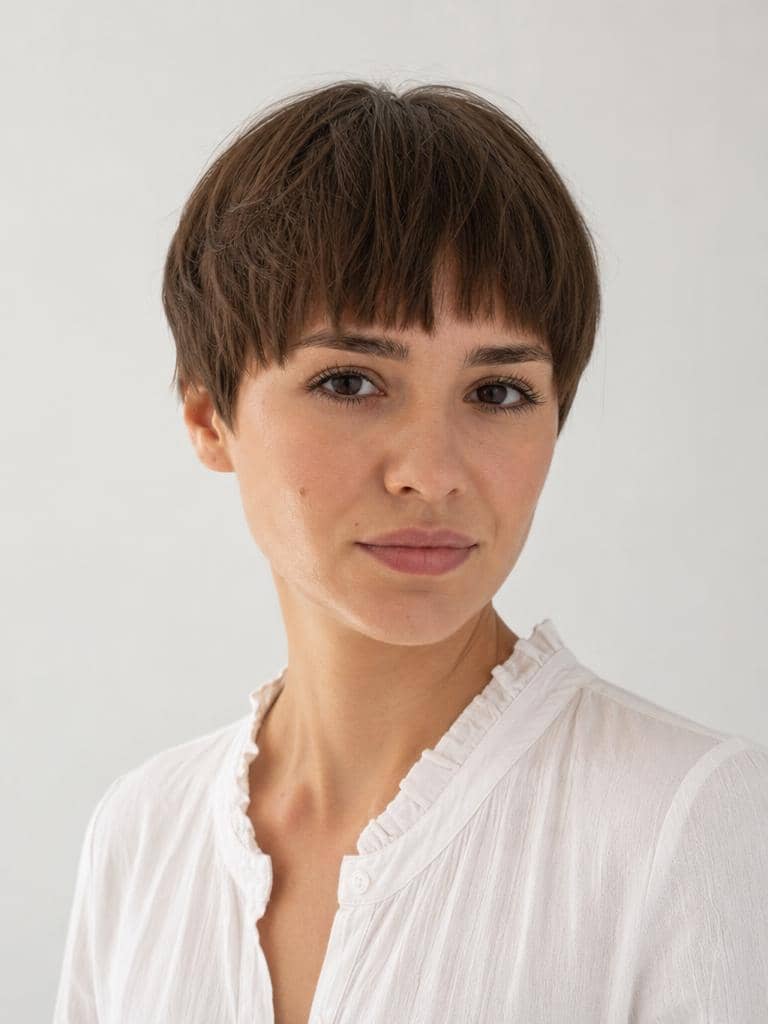 Półkrótka fryzura garson z prostą grzywką na brązowych włosach w studio