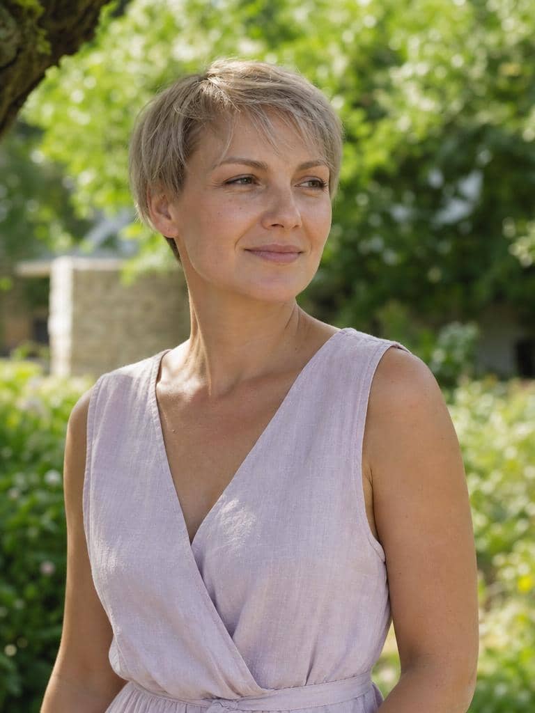 Półkrótka fryzura garson z grzywką w popielatym blondzie na tle ogrodu