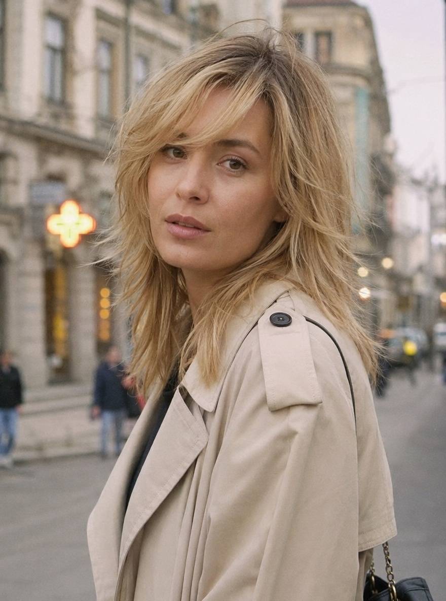 Fryzura pazurki na średnich włosach w kolorze blond na tle miasta