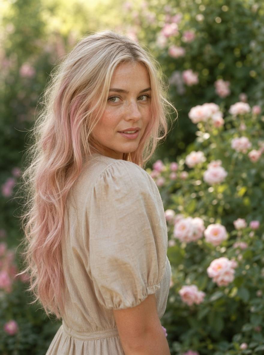 Różowy blond jako modna pastelowa kreatywna koloryzacja dla blondynek