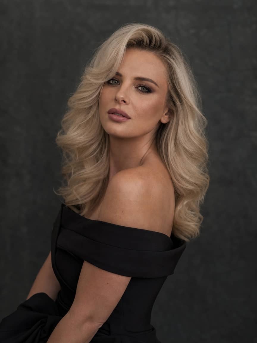 Kobieta z lokami glamour w platynowym blondzie w eleganckim studiu