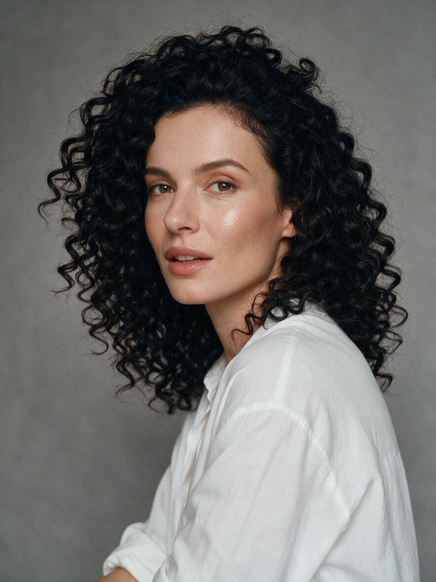 Kobieta z gęstymi naturalnymi lokami w kolorze kruczoczarnym w studiu fotograficznym