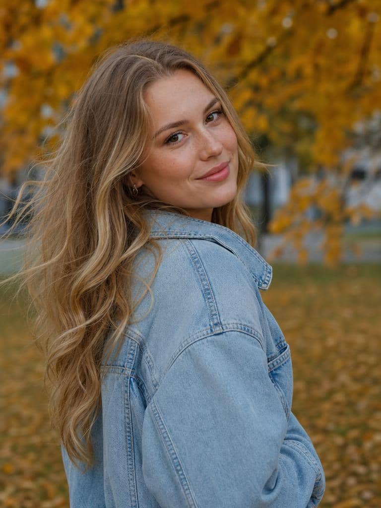 Młoda kobieta z naturalnymi lokami w miodowym blondzie na tle jesiennego parku