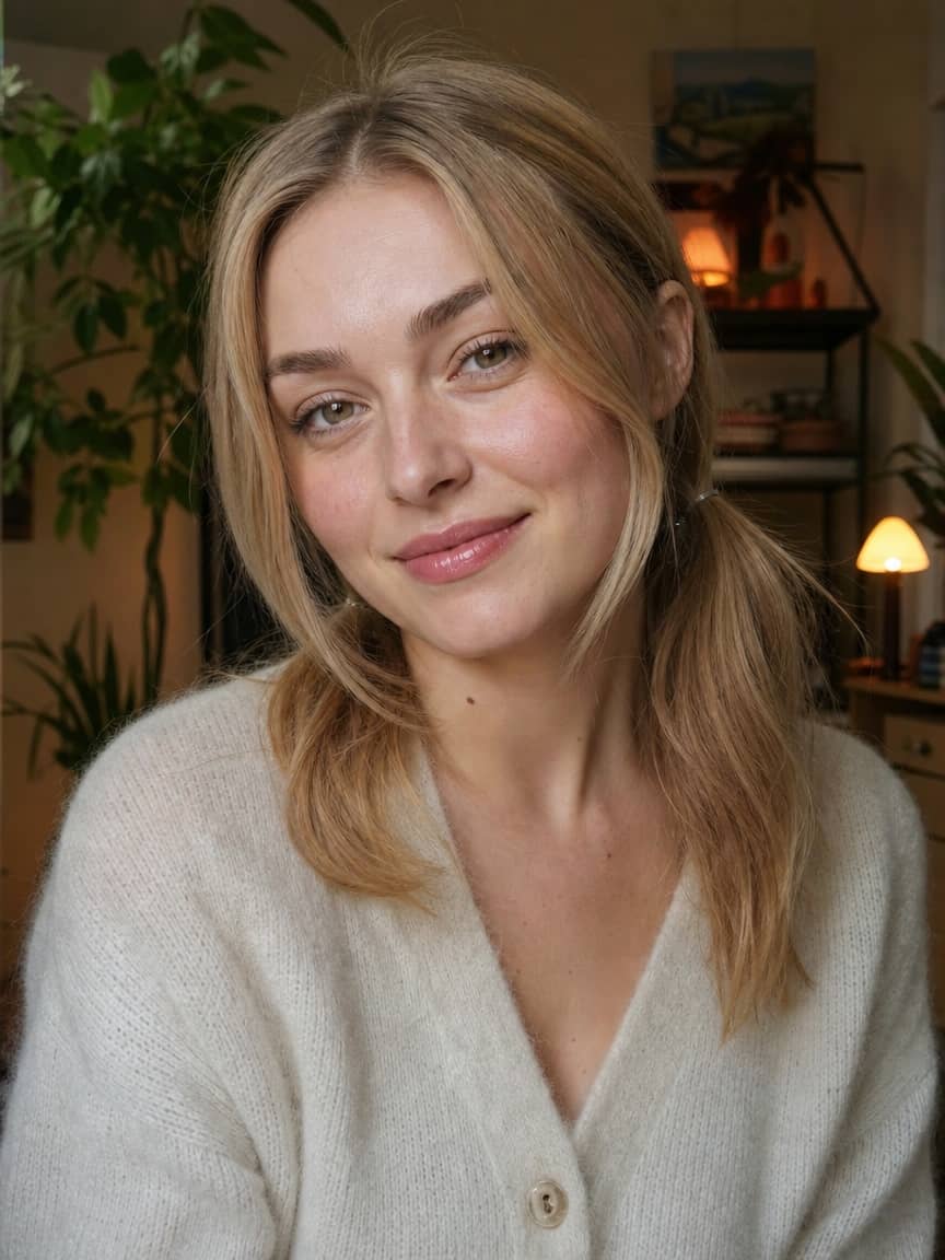 Dwa niskie kucyki po bokach na blond włosach