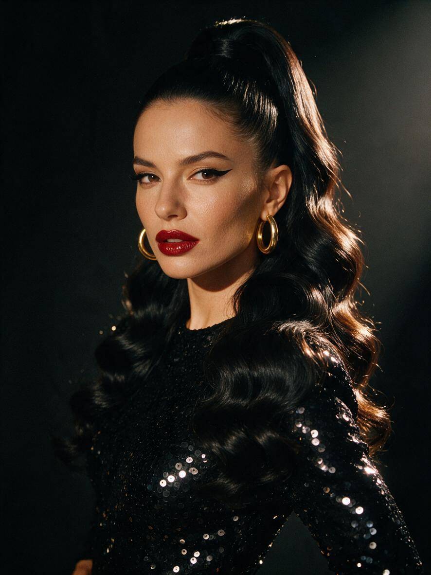 Kucyk z wyraźnymi falami glam na czarnych włosach