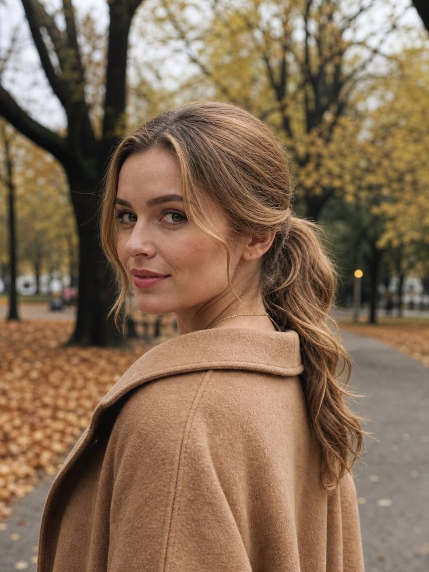 Niski elegancki kucyk z lekką falą na ciemnym blondzie