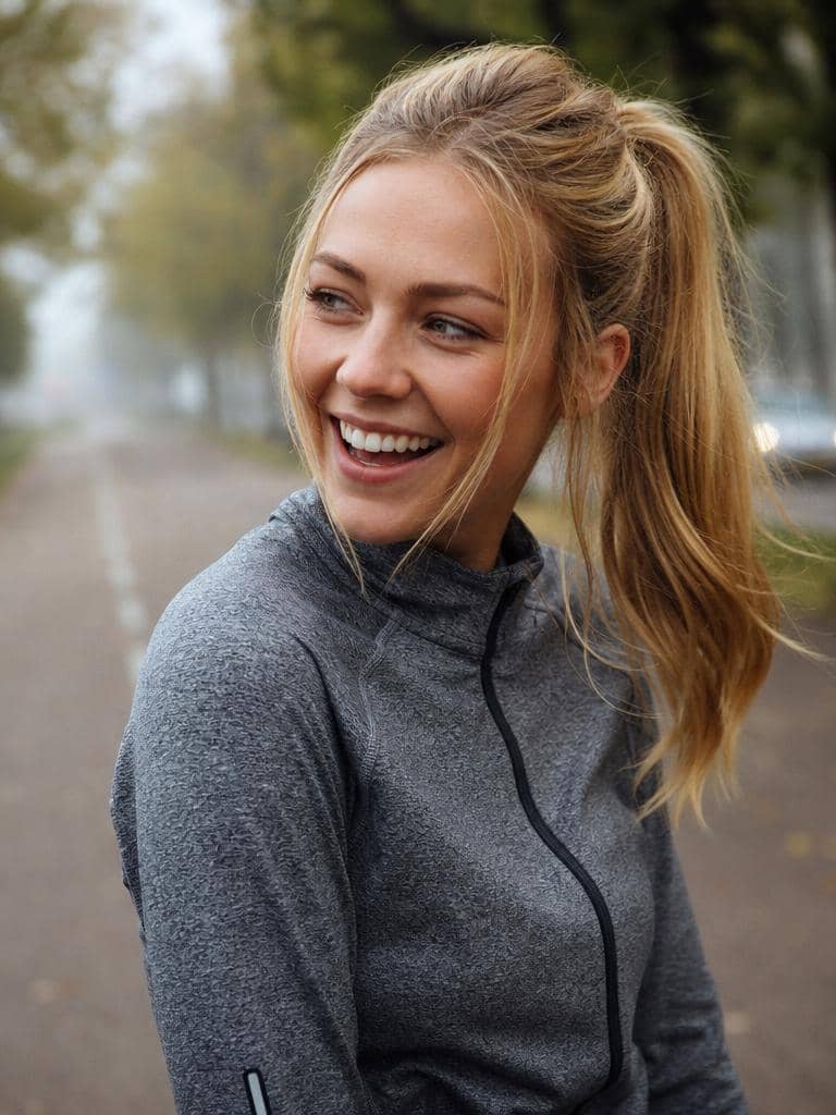 Sportowy wysoki koński ogon na jasnym blondzie