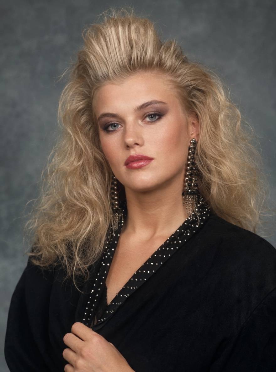 Blondynka z wysoko uniesioną grzywką na lakier w stylu lat 80.