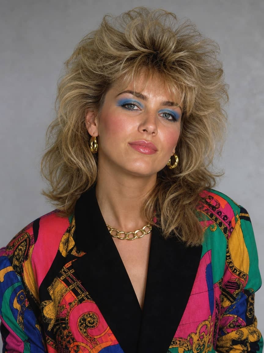 Blondynka z fryzurą i mocnym makijażem w stylu lat 80.