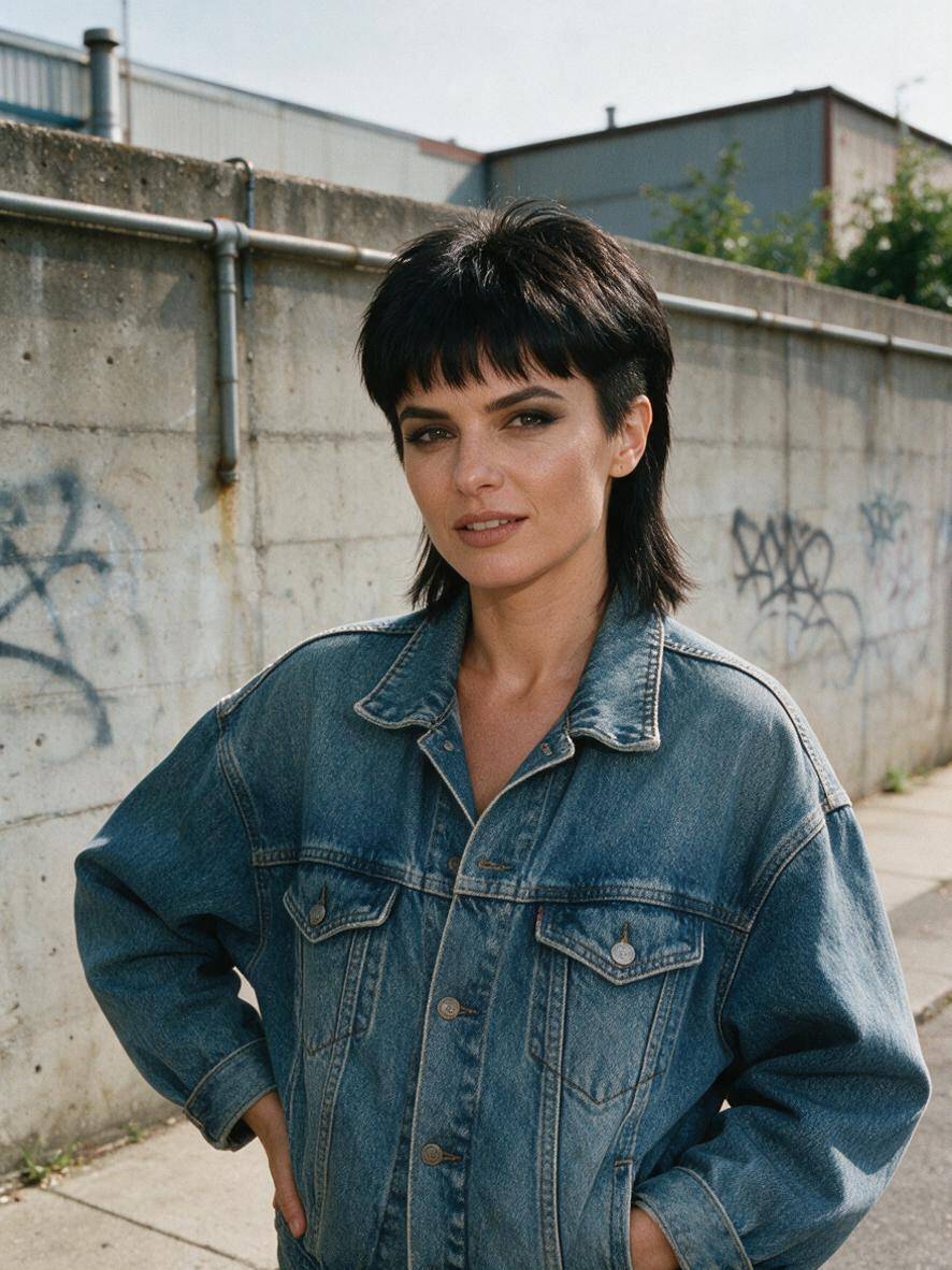 Kobieta z czarnym mulletem z grzywką w stylu lat osiemdziesiątych