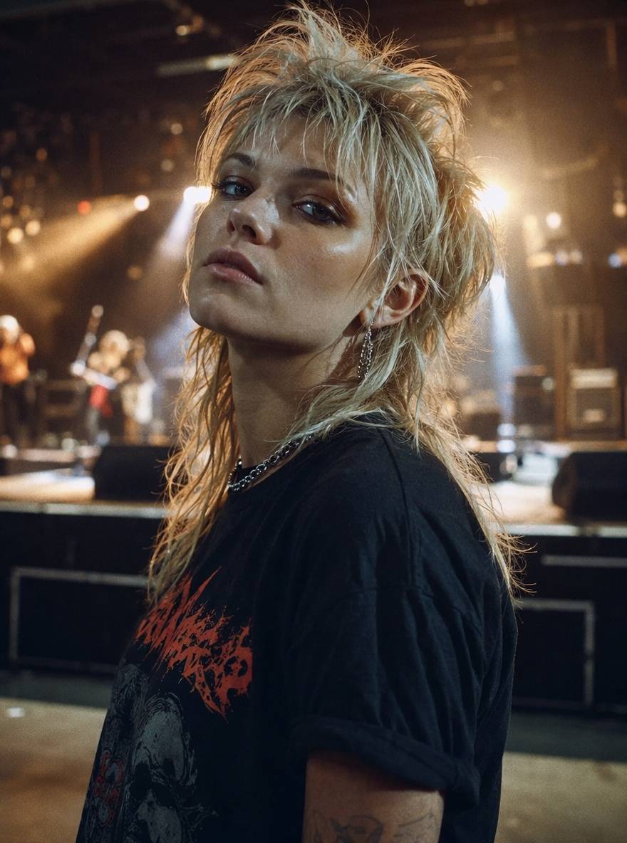 Blondynka z platynowym mulletem w stylu rockowym lat 80.