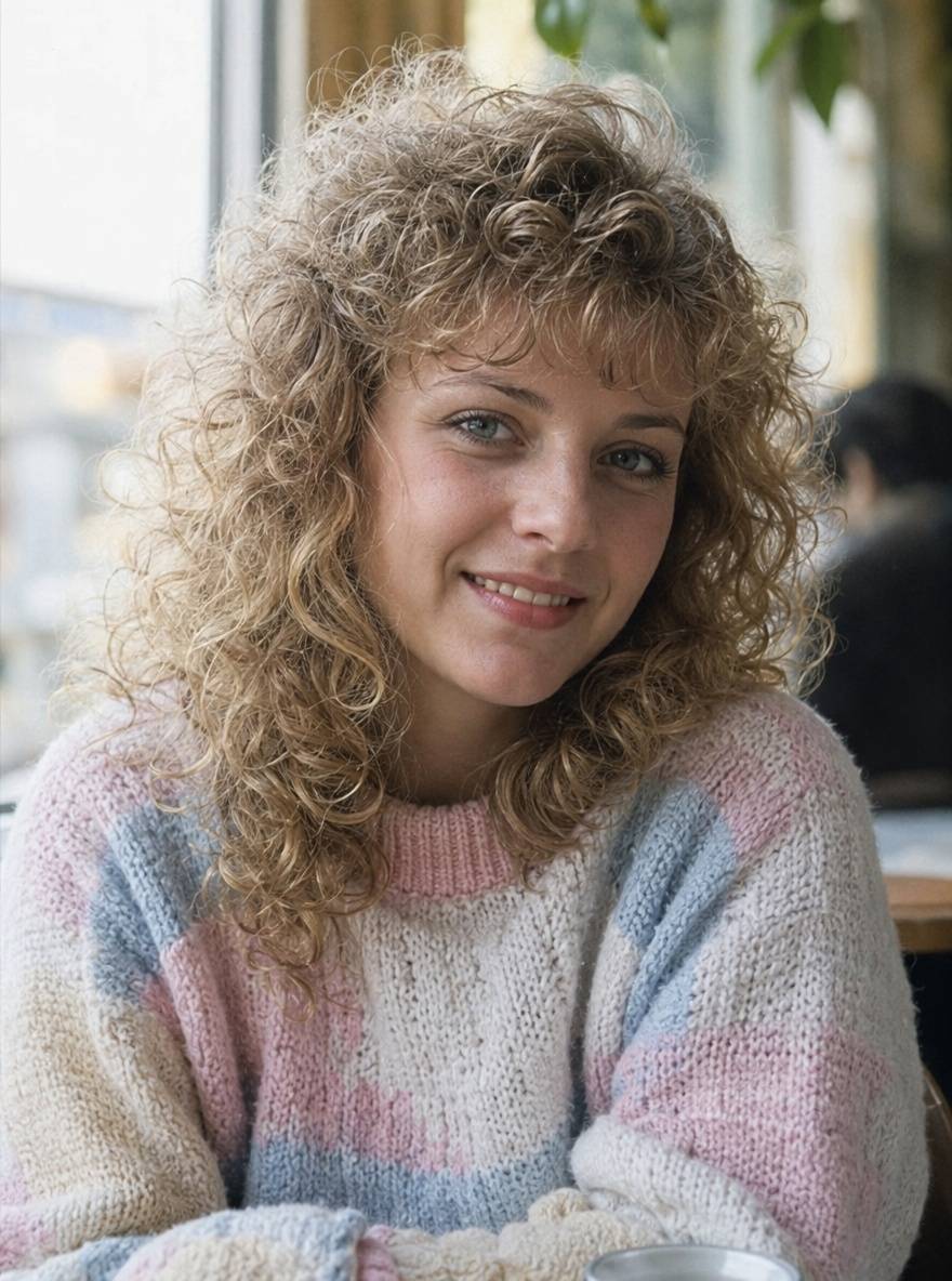 Blondynka z drobnymi lokami trwałej ondulacji w stylu lat osiemdziesiątych