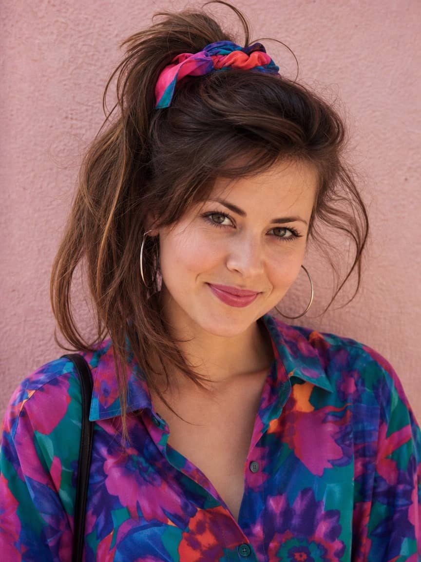 Kobieta z bocznym kucykiem side pony z gumką frotte w stylu lat 80.