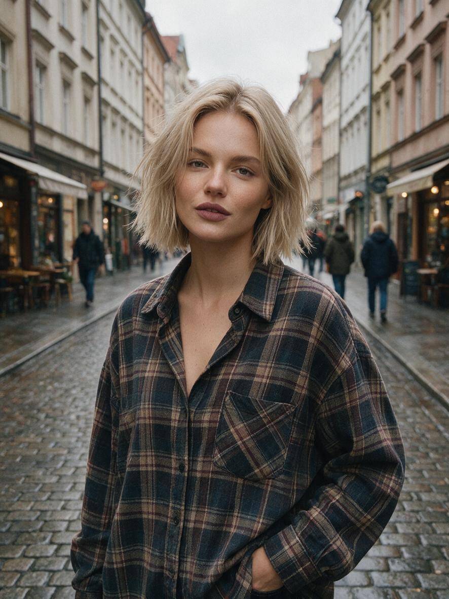 Fryzury lata 90 krótkie włosy - grunge'owy bob na blond włosach