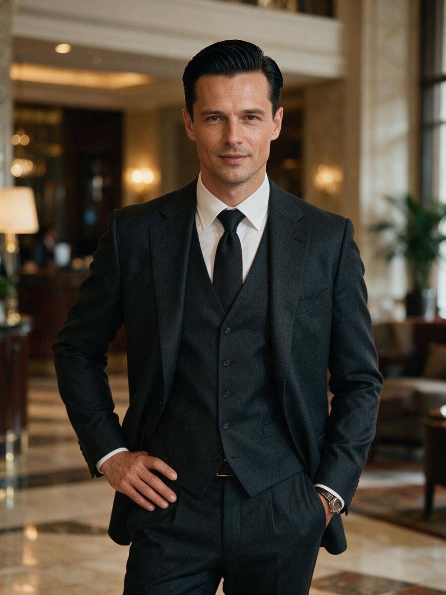 Krótka biznesowa fryzura męska na czarnych włosach w eleganckim lobby
