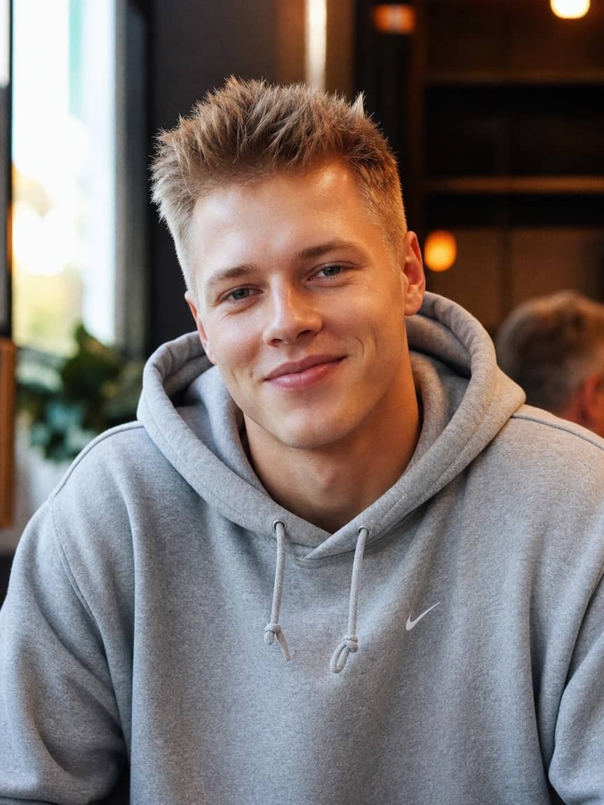 Męska fryzura jeżyk w blondzie na mężczyźnie w kawiarni