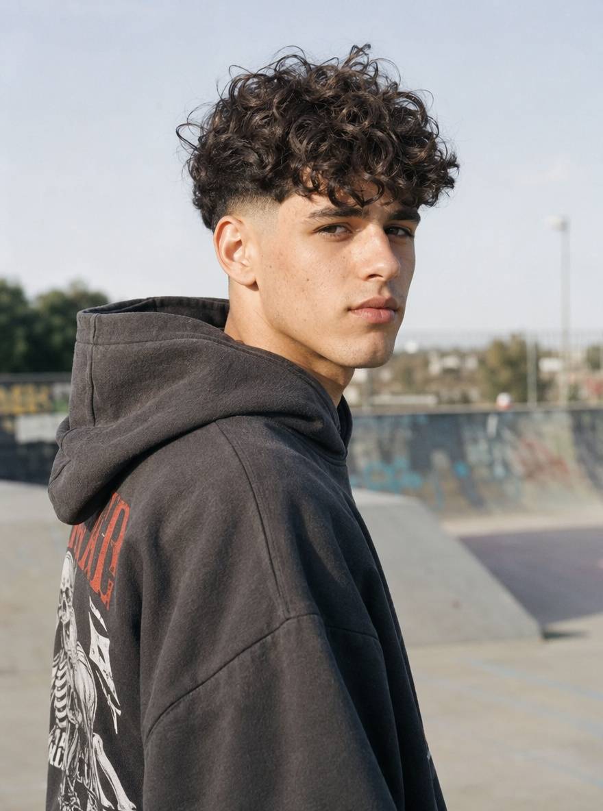 Modna fryzura młodzieżowa męska - broccoli cut z puszystą kręconą górą i mid fade
