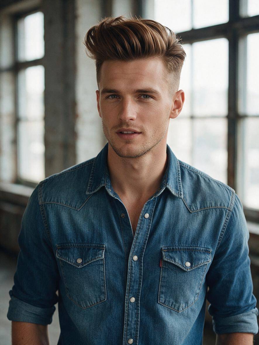 Modna męska fryzura - nowoczesny matowy pompadour z wysokim fade