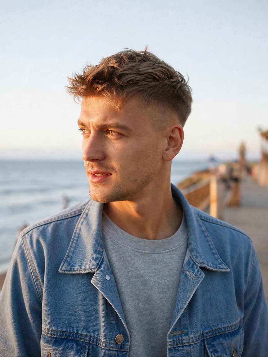 Modne męskie cięcie 2026 - teksturowany crop z fade na blond włosach