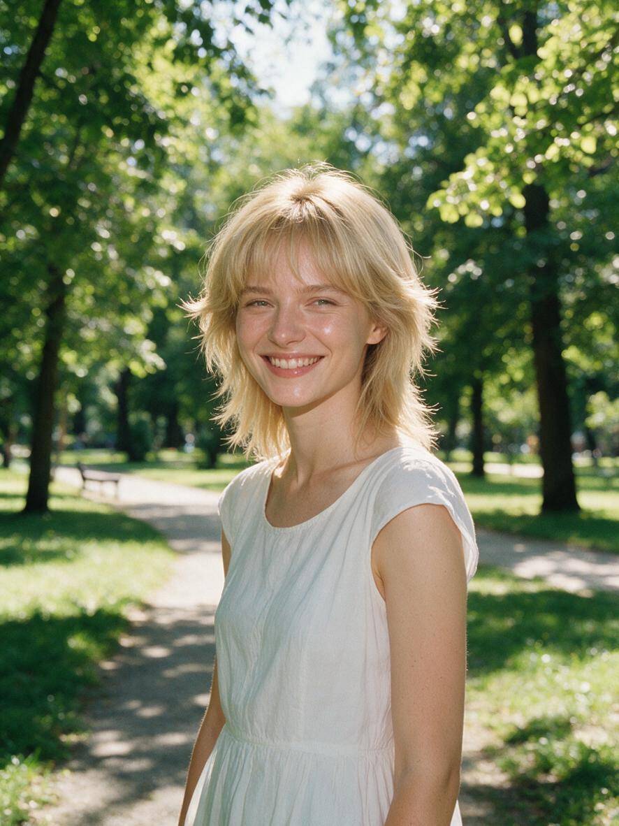 Blondynka z wolf cutem damskim i puszystymi warstwami w słonecznym parku