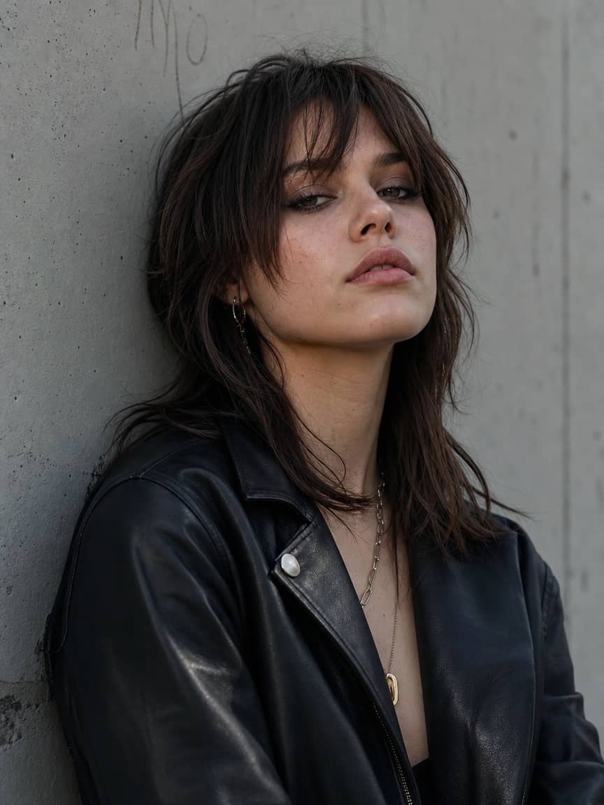 Brunetka z damskim wolf cutem o pierzastej teksturze na tle betonowej ściany