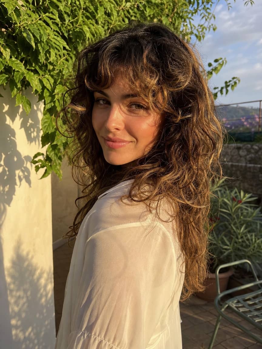 Kobieta z kręconym wolf cutem i balayage w miodowym odcieniu na tarasie