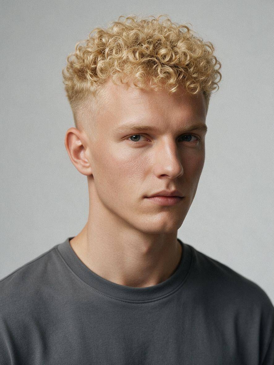 Fryzura brokuł męska z wysokim fade i blond lokami w studio