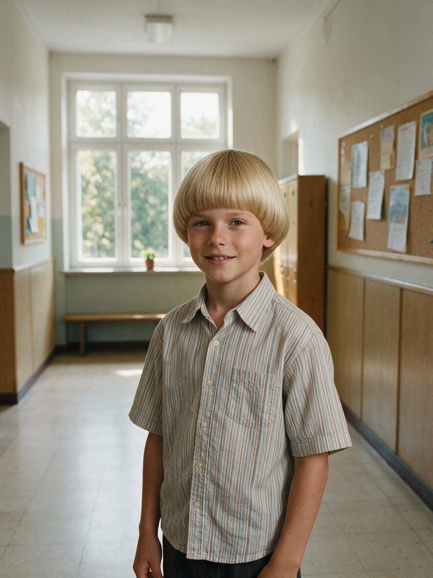 Grzybek fryzura dla chłopca w kolorze blond na tle szkolnego korytarza