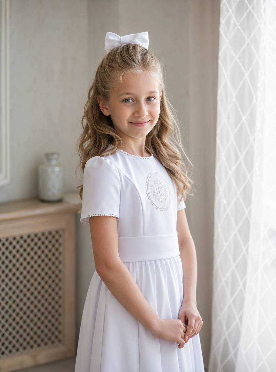 Komunijne półupięcie z białą kokardą na blond falowanych włosach