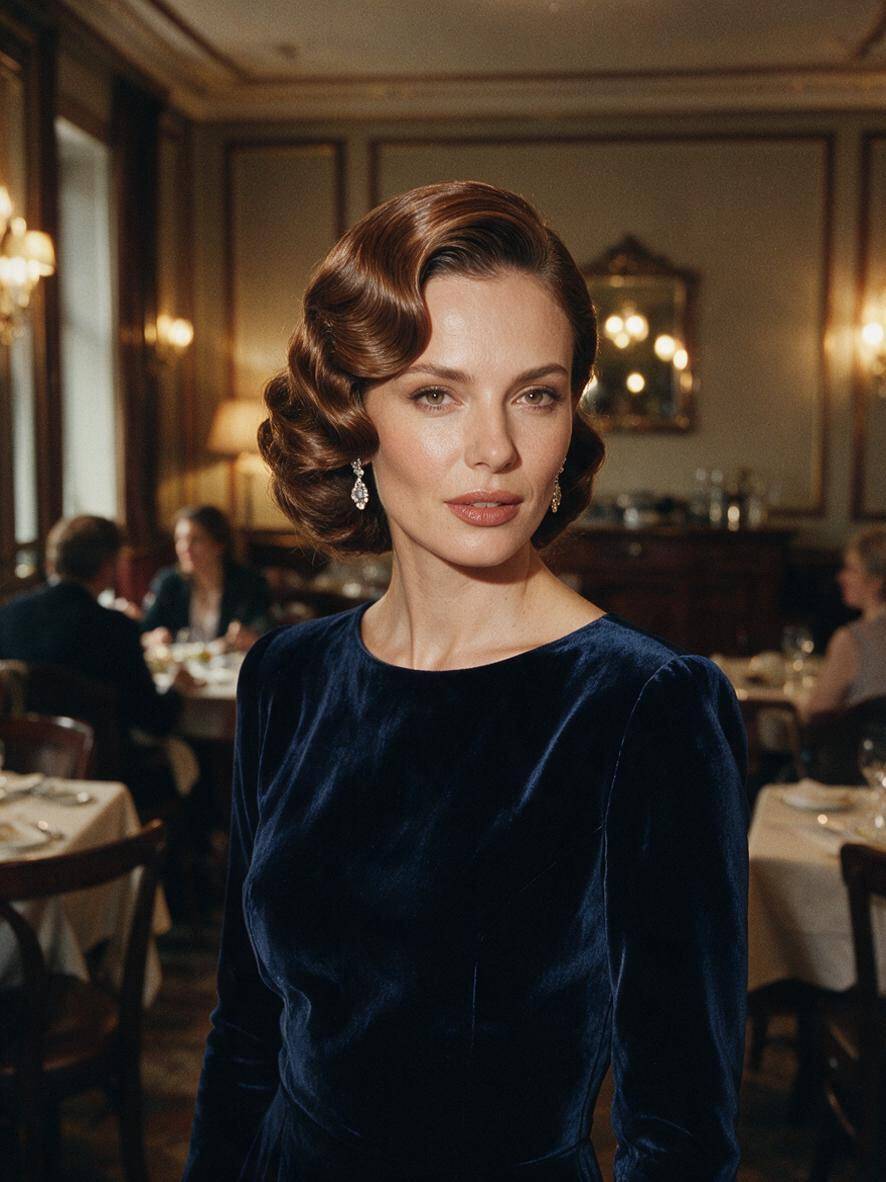 Boczne fale glamour na sylwestra na brązowych włosach