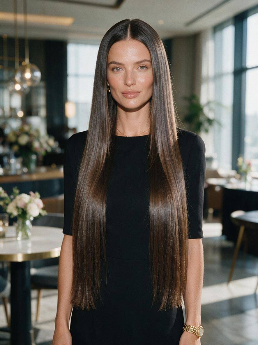 Fryzura na wesele - proste długie włosy z efektem glass hair
