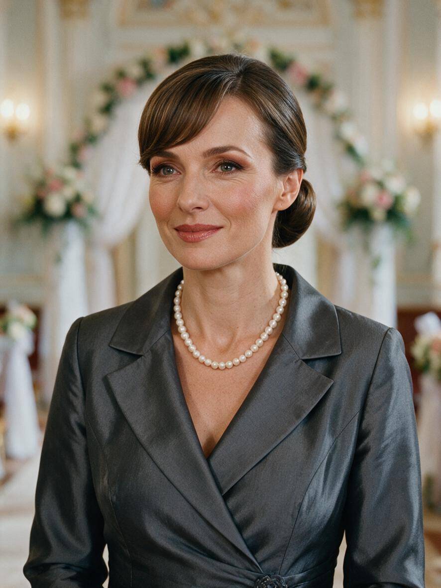 Eleganckie upięcie na wesele dla mamy - gładki kok z grzywką zaczesaną na bok