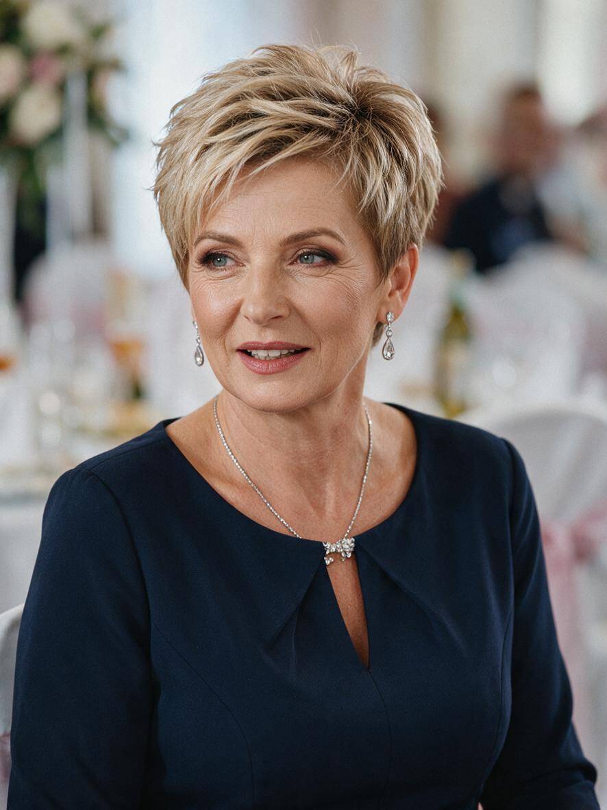 Krótka elegancka fryzura na wesele dla dojrzałej kobiety - pixie z objętością