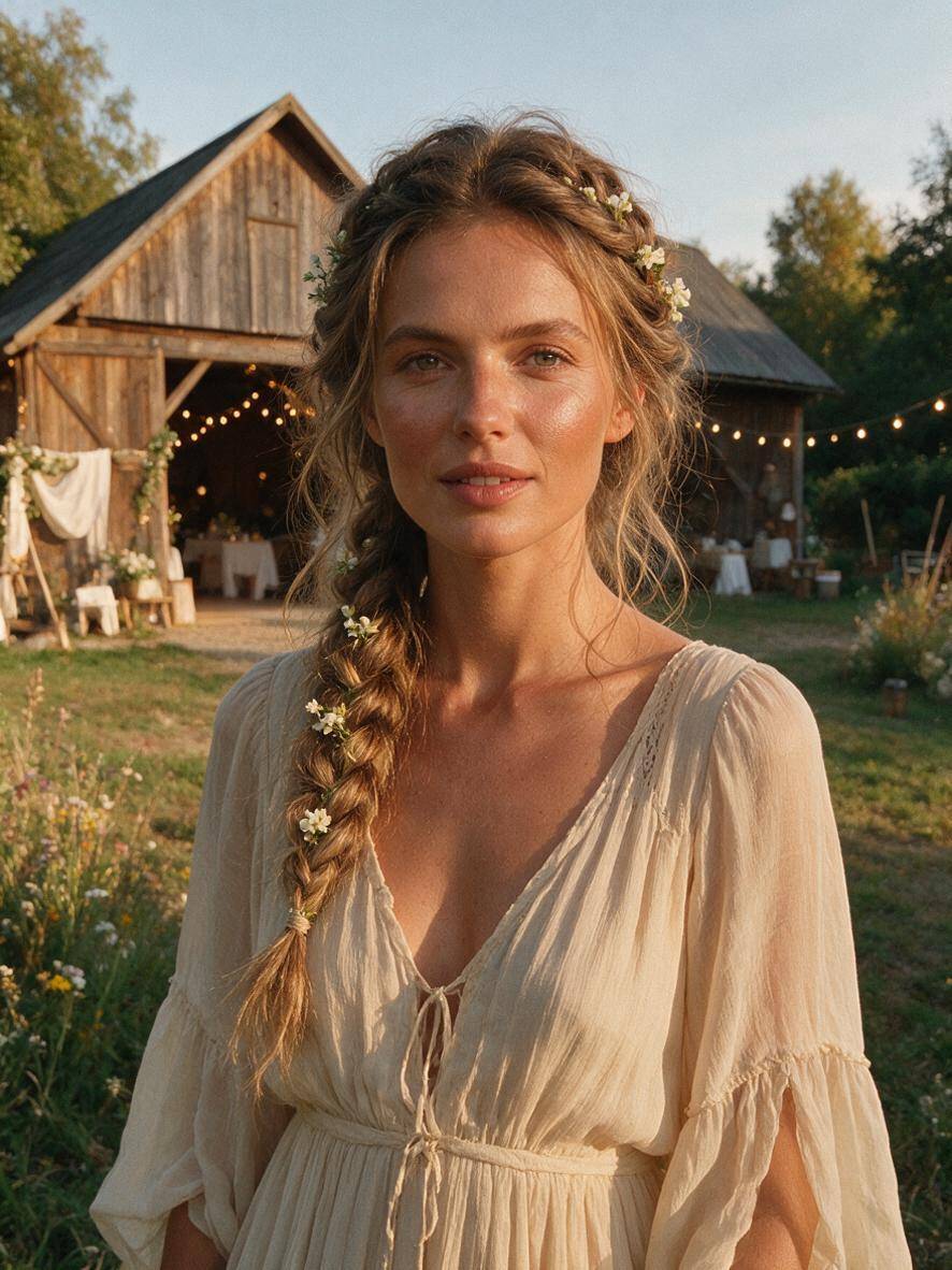 Fryzura na wesele w stylu boho - luźny warkocz z drobnymi kwiatami