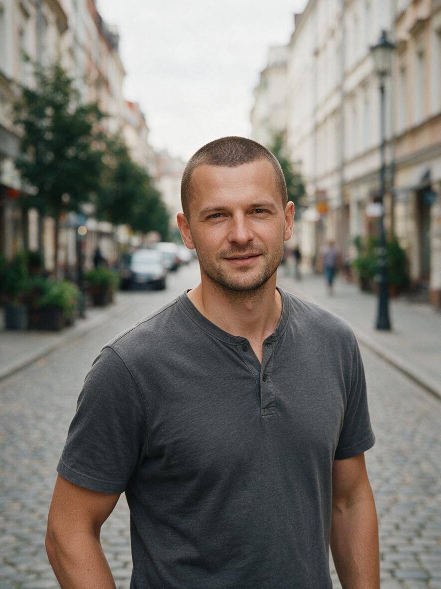 Bardzo krótkie męskie cięcie na zakola w ciemnobrązowym kolorze z zarostem