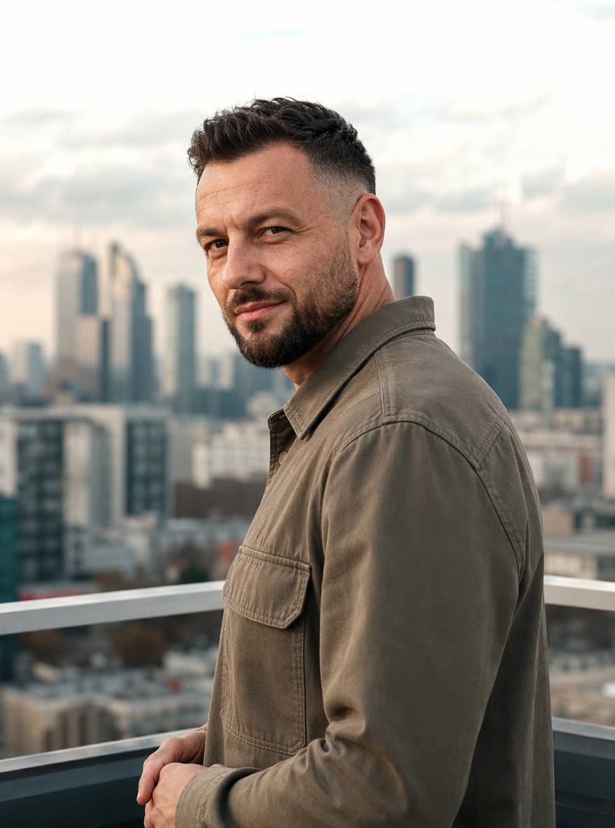 Fryzura z zakolami z fade wokół skroni w ciemnobrązowym odcieniu