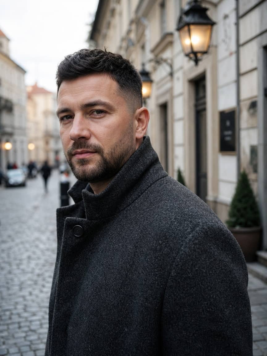 Fryzura na zakola z fade i lekkim zarostem w czarnym odcieniu