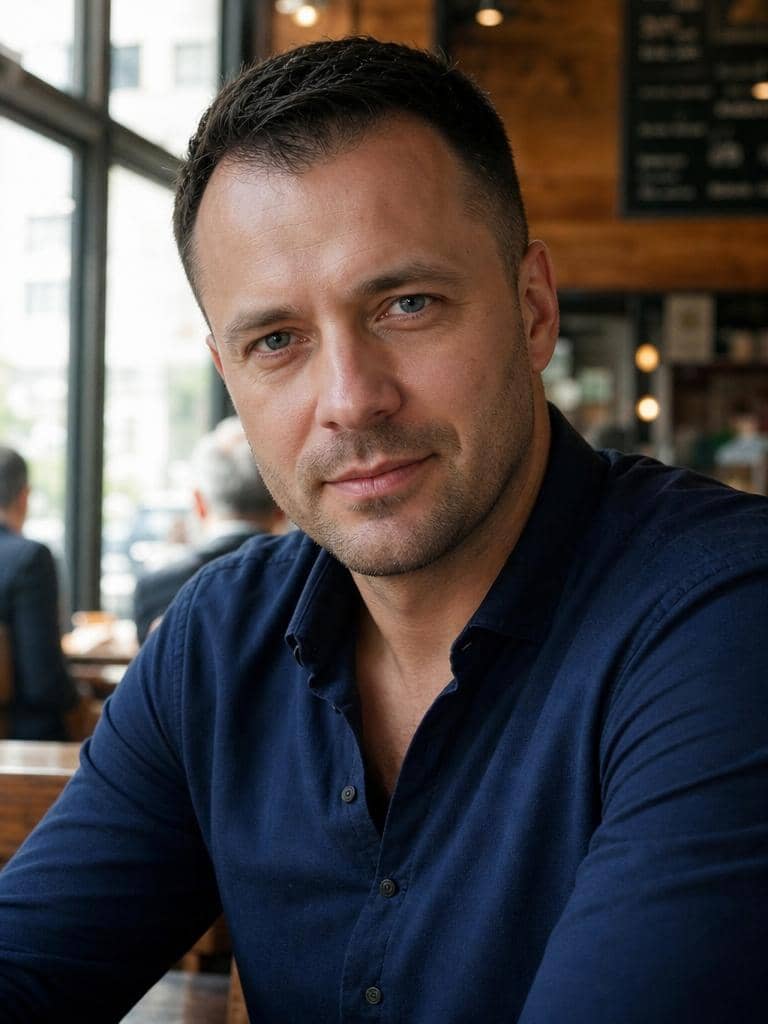 Krótka fryzura na zakola u mężczyzny z czarnymi włosami i miękkim przejściem przy skroniach