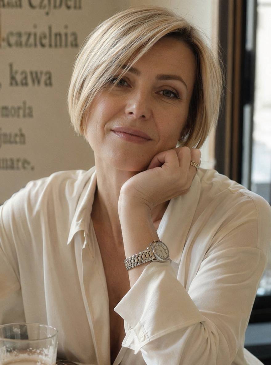 Fryzura pixie bob w piaskowym blondzie na kobiecie o ciepłej karnacji