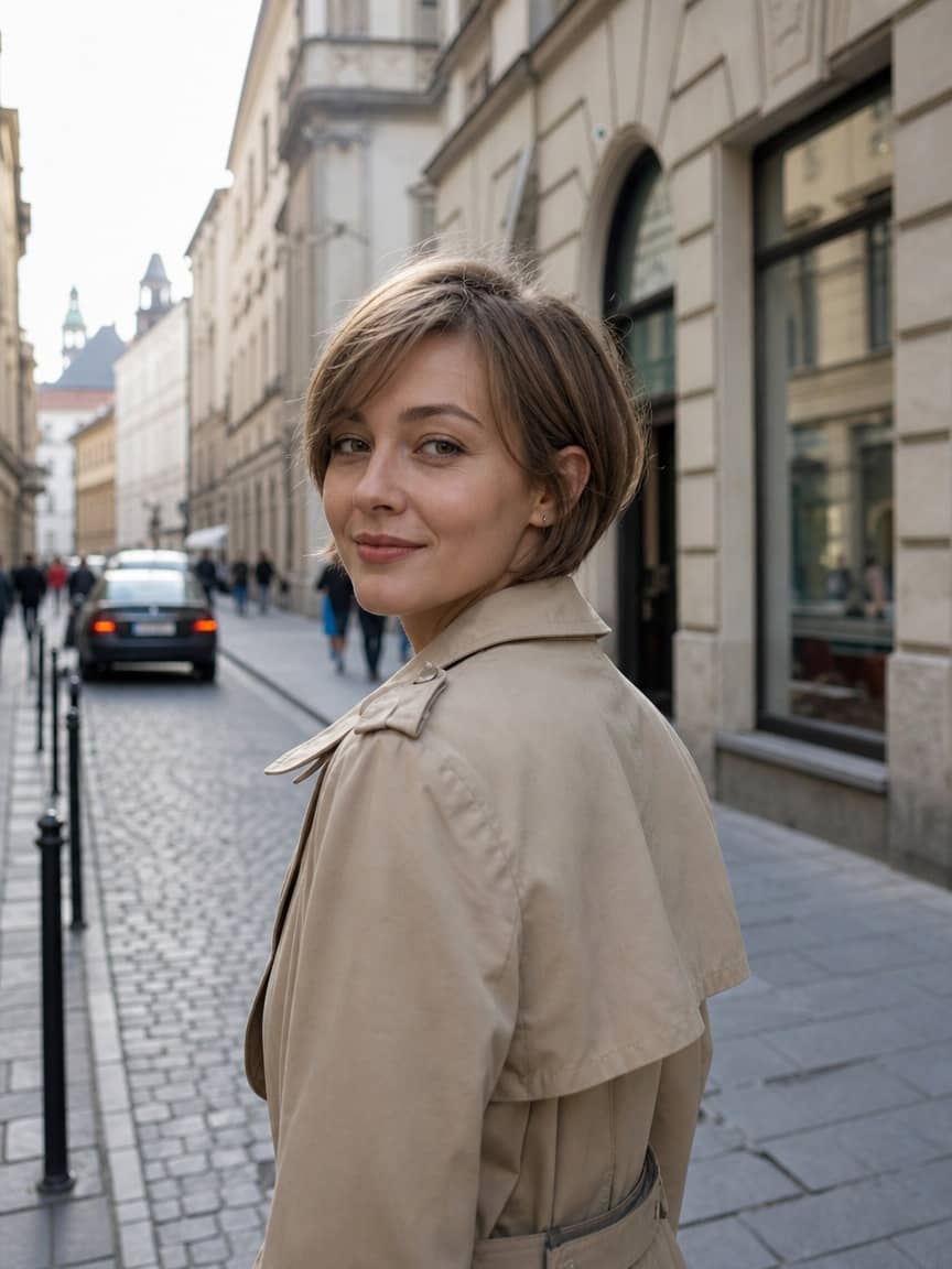 Fryzura pixie bob w jasnym brązie z miękkim przejściem na bokach