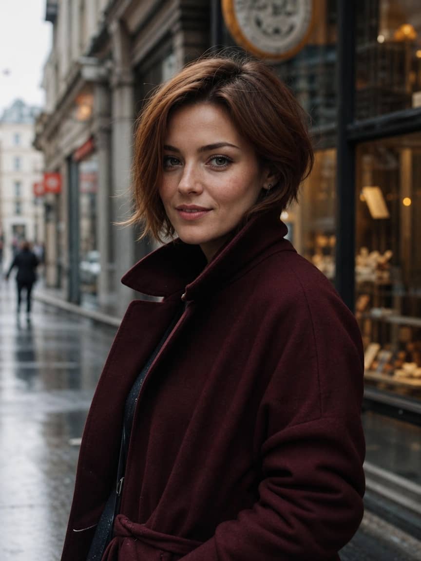 Modny pixie bob w kasztanowym kolorze na kobiecie w mieście