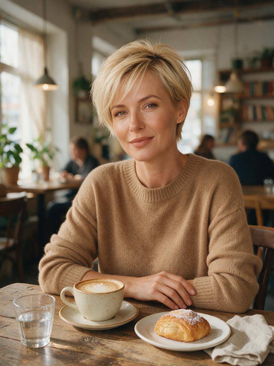 Pixie na cienkie i rzadkie włosy w miodowym blondzie z uniesioną nasadą