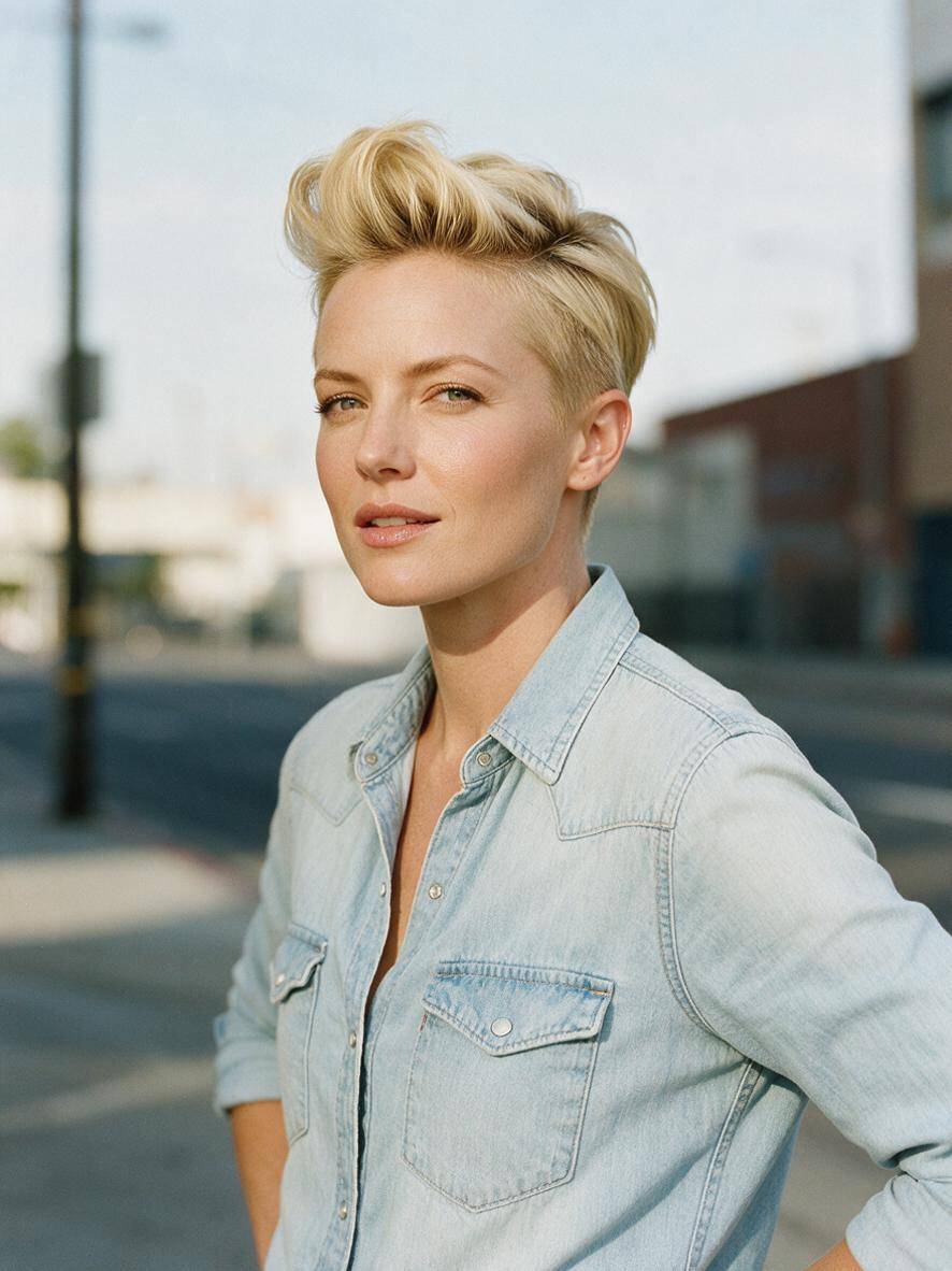 Pixie z dłuższą górą uniesioną w quiff w blondzie
