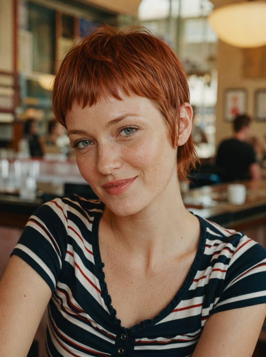 Pixie z bardzo krótką grzywką baby bang w miedzianym odcieniu