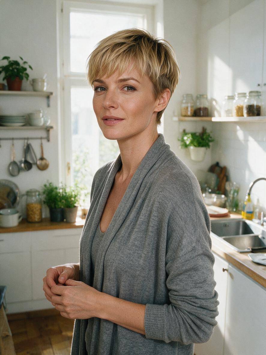 Pixie bob z grzywką z przerzedzoną teksturą w ciemnym blondzie