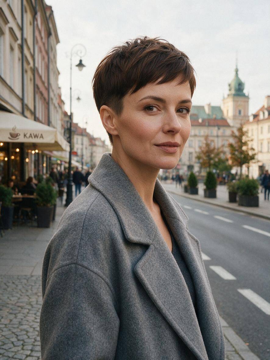 Klasyczna fryzura pixie cut w ciemnym brązie na kobiecie z wyrazistym karkiem