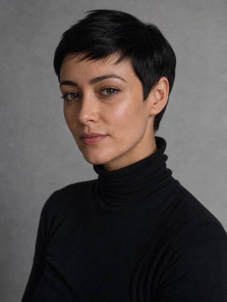 Gładki czarny pixie cut na kobiecie o oliwkowej karnacji w studio