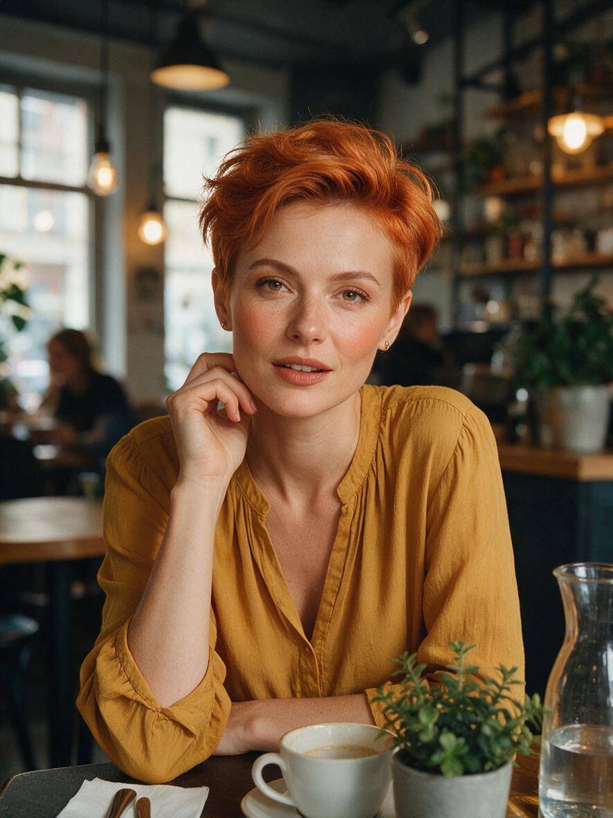 Fryzura pixie cut w miedzianym odcieniu na kobiecie w kawiarni